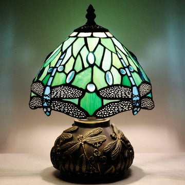 Werfactory® Tiffany Table Lamp Green Dragonfly Style Stained Glass Lamp Mushroom Lamp